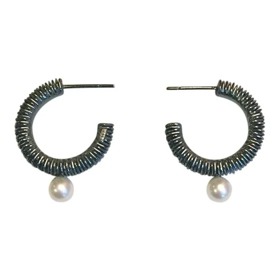 affordable sterling silver earrings for special occasions -Oxidized Silver Pearl Hoops