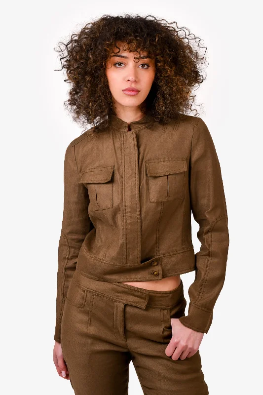 women’s chic jackets for fall style -Diane von Furstenberg Brown Linen Cropped Moto Jacket + Straight Leg Pants Set Size 6