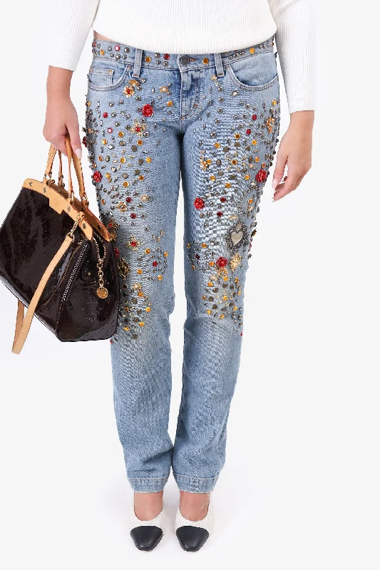 fashionable women’s outerwear for winter -Dolce & Gabbana Light Blue Embellished Jeans Size 44