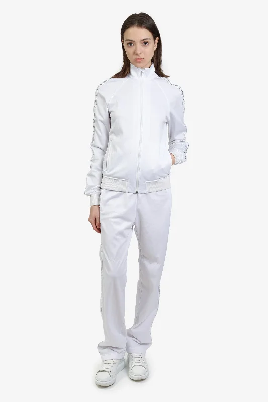 elegant women’s dresses for cocktail parties -Givenchy White/Silver Side Sleeve Logo Zip-Up Jacket + Wide Leg Track Pants Set Size 36