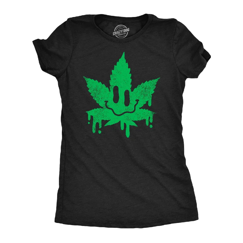 classic women’s jeans for casual outfits -Womens Dripping Pot Leaf Smile T Shirt Funny 420 Weed Smoking Lovers Smiling Face Joke Tee For Ladies