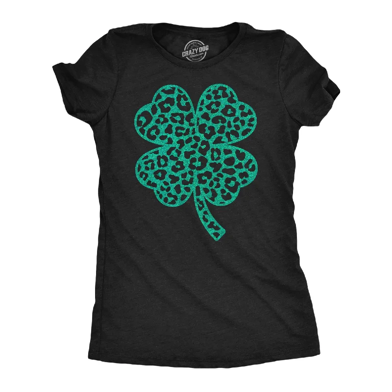 women’s cozy fleece jackets for winter -Womens Leopard Print Clover T Shirt Funny Cute Green Glitter St Paddys Day Shamrock Tee For Ladies