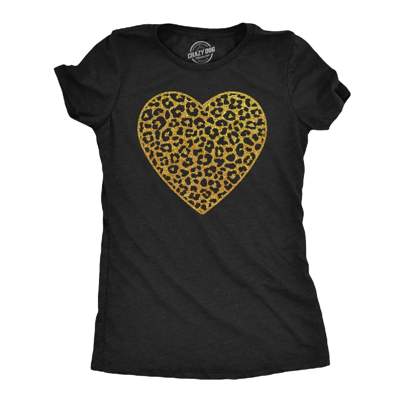 women’s casual skirts for summer style -Womens T Shirts Gold Glitter Leopard Print Heart Cute Graphic Tee