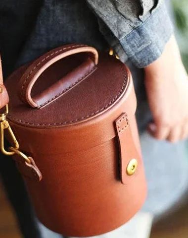 luxury designer handbags for women -Fashion Small Womens Brown Leather Bucket Shoulder Bag Cute Bucket Handbag Round Shaped Purses for Ladies