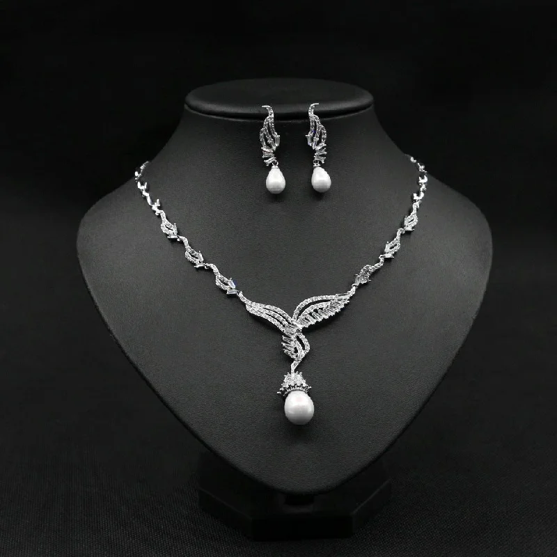 durable handbags for busy women -Luxy Moon Pearl Pendant Cubic Zirconia Wedding Jewelry Sets For Bridal