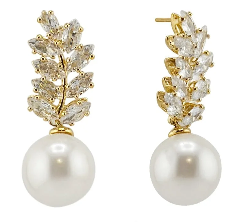 women’s handbags for winter fashion -SJE311030 14K Dangle Pearl Leaf CZ Post Earrings