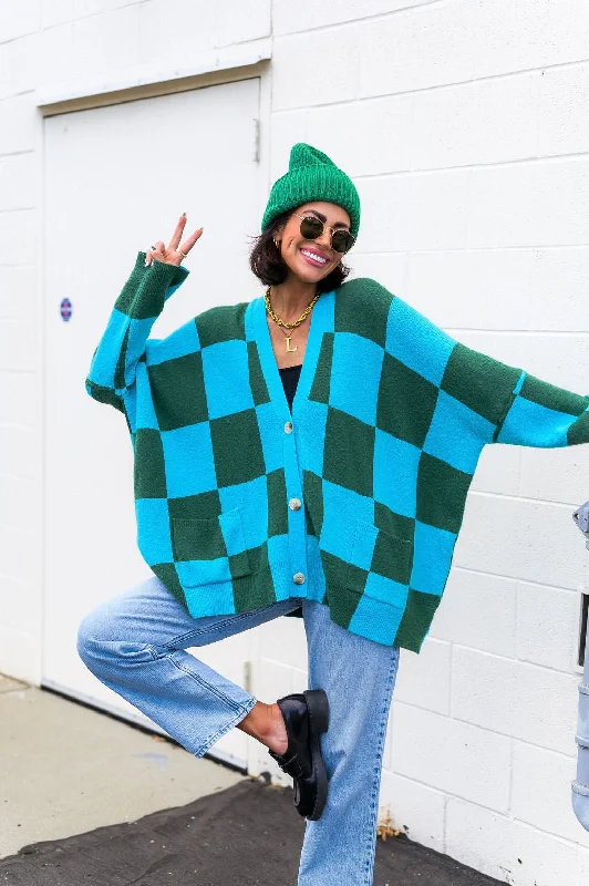 women’s outfits for evening parties -Love You Oversized Checkerboard Cardigan in Emerald + Sky