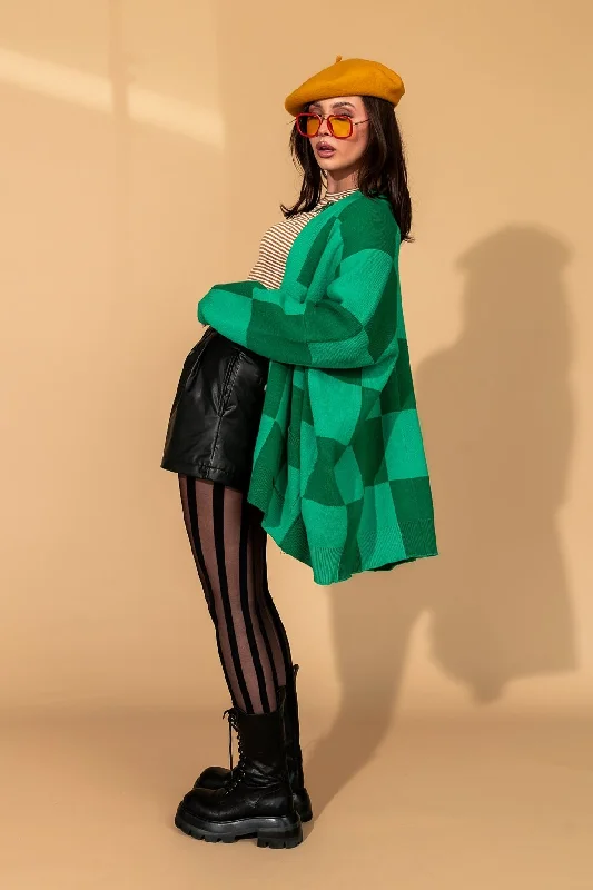 women’s fashionable outfits for summer 2025 -Love You Oversized Checkerboard Cardigan in Green Girl