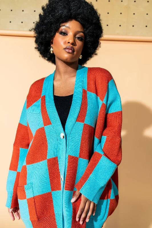 trendy women’s jackets for winter style -Love You Oversized Checkerboard Cardigan in September Sunset