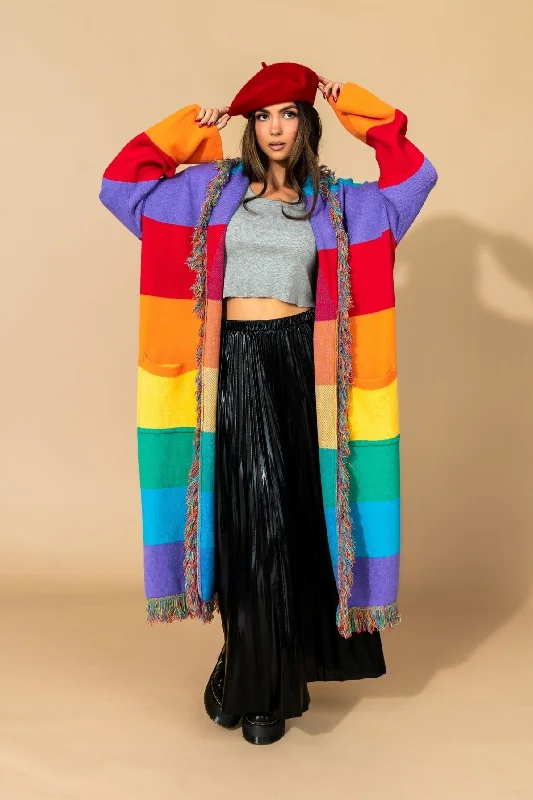 women’s long sleeve shirts for fall fashion -Luxe Fringe Blanket Cardigan in Chasing Rainbows