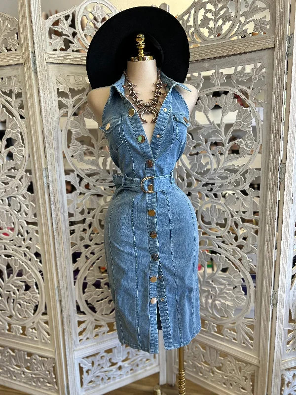 women’s trendy shorts for hot weather -Collard Denim Button Up Dress - Estira Poco, Slightly Stretchy