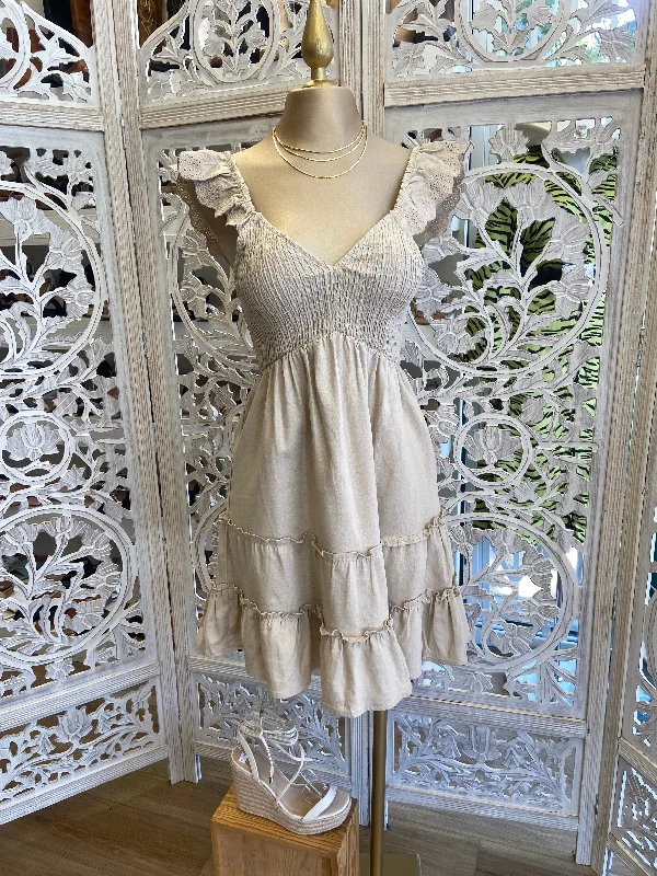 women’s maxi dresses for summer -Beige Eyelet Sleeve Dress