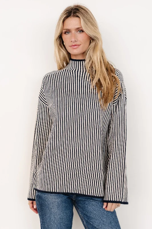 women’s long sleeve tops for cooler weather -Kat Mock Neck Sweater | Navy Stripe