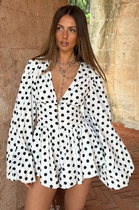 stylish women’s tunic dresses for evening wear -Laurel | White Polka Dot V-Neck Balloon Sleeve Playsuit