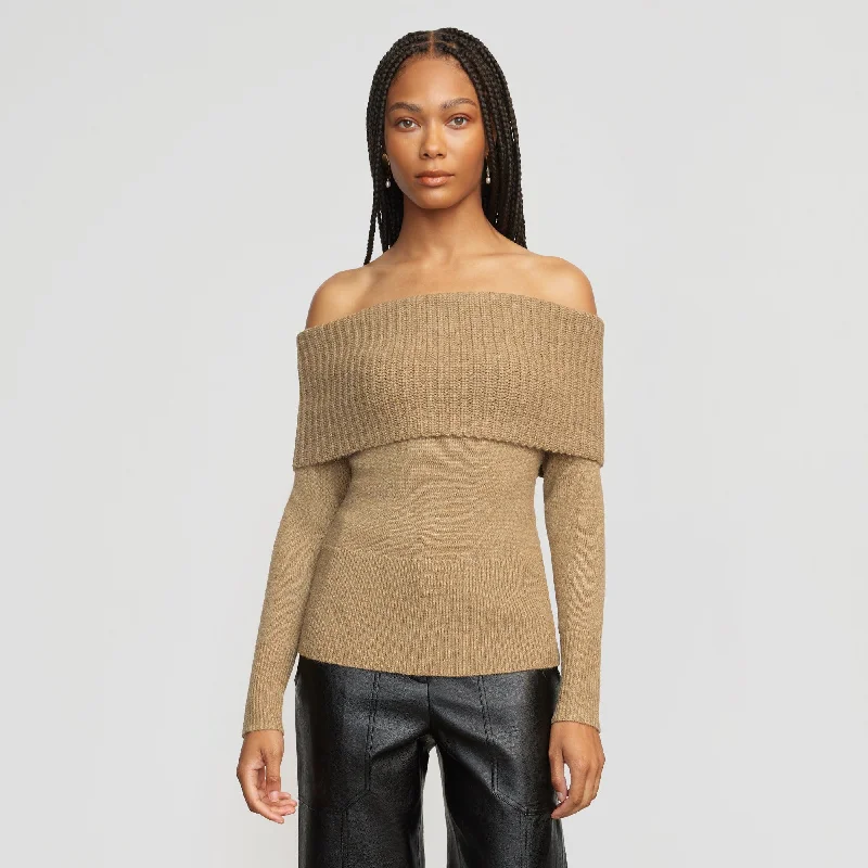 classic women’s cardigans for layering -Kiana Ribbed Off-Shoulder Sweater | Walnut