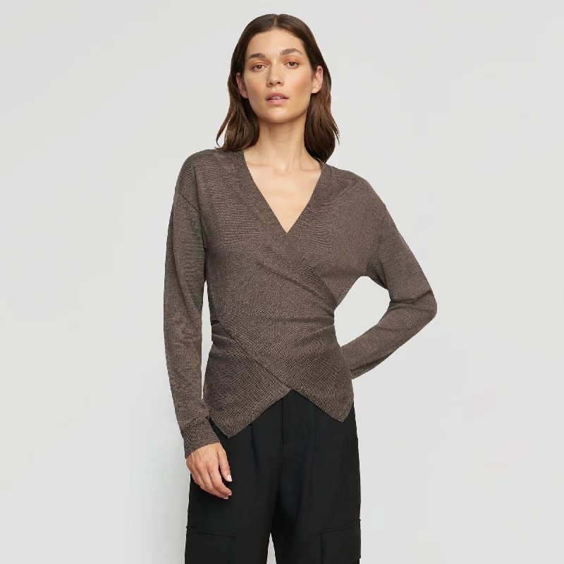 affordable women’s casual tops for daily wear -Tamar Wrap Knit Sweater | Heather Brown