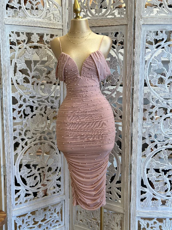 women’s maxi dresses for summer -Pearl Detail Mauve Off Shoulder Dress- Stretchy