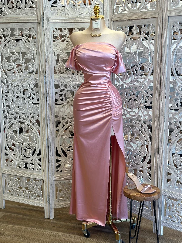 elegant women’s dresses for formal dinners -Rose Gold Formal Ruched Dress- Estira, Stretchy