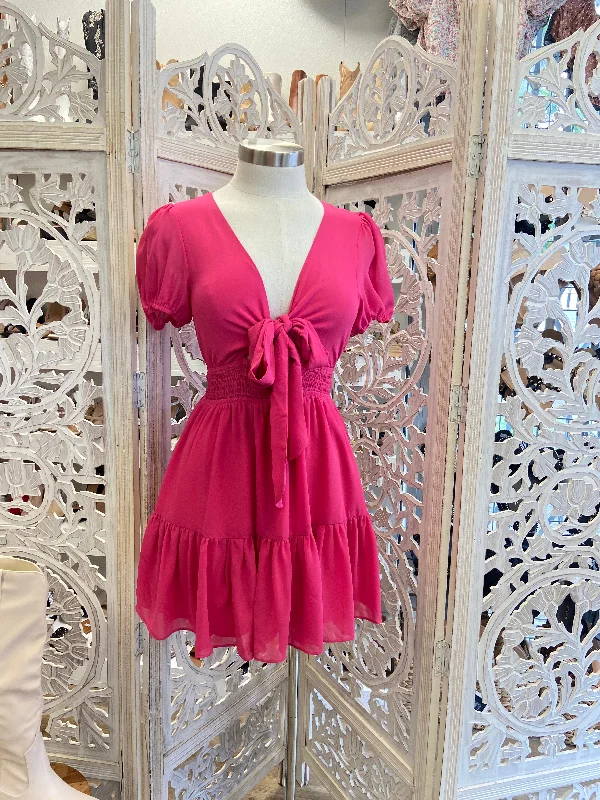 women’s velvet dresses for special occasions -Tie Front Hot Pink Dress