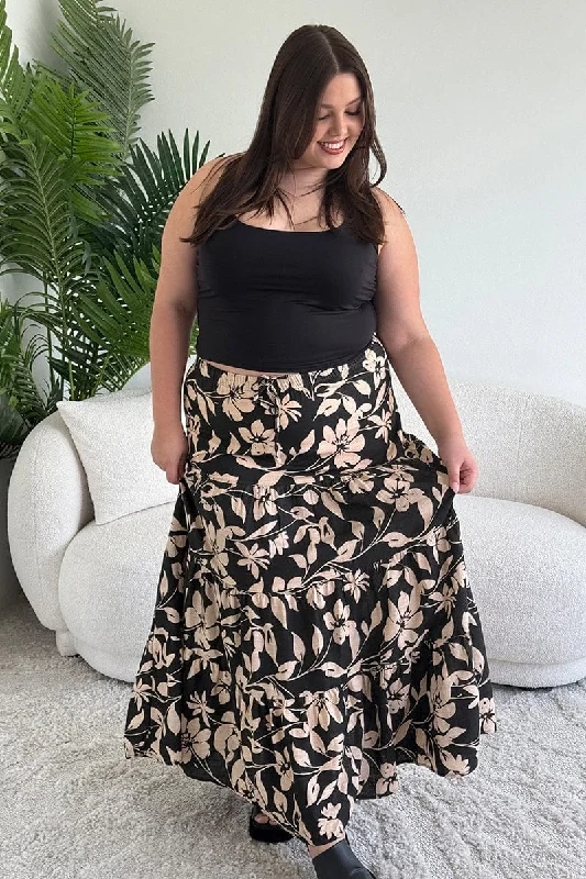 best women’s activewear for fitness -Black Floral Elastic Waist Tiered Maxi Skirt