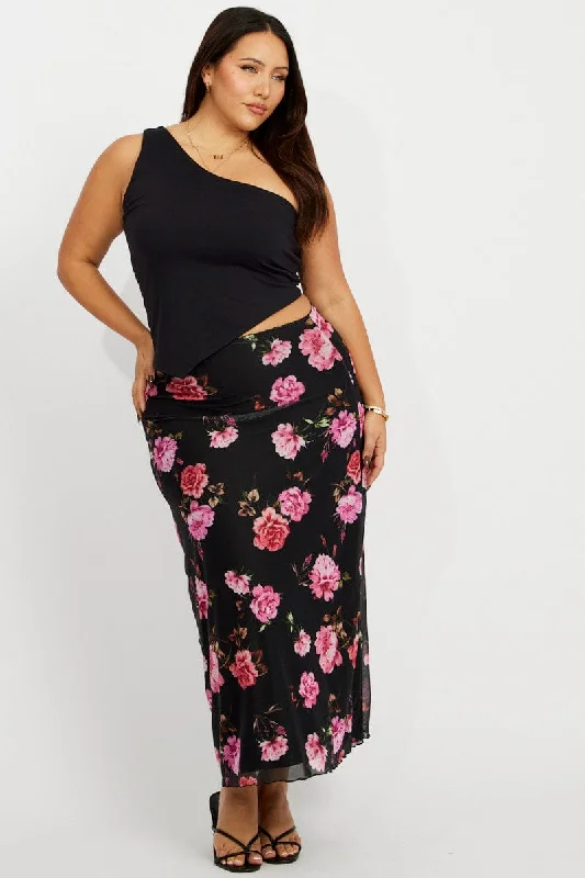 women’s maxi dresses for summer -Black Floral Lace Trim Mesh Midi Skirt