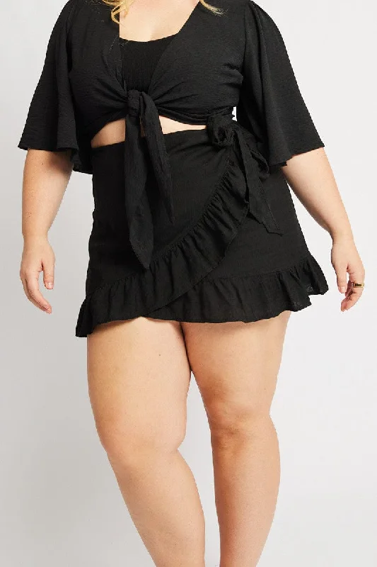 women’s trendy shorts for hot weather -Black Frill Hem Wrap Mini Skirt