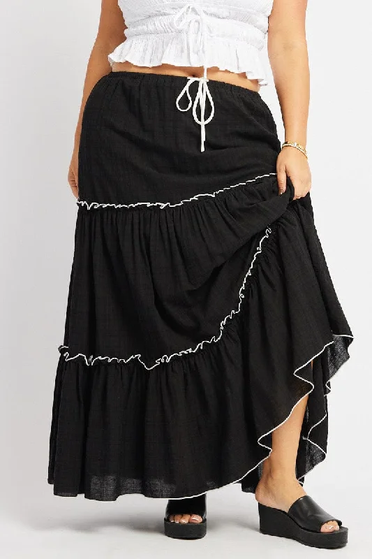 women’s outfits for evening parties -Black Tier Contrast Tie Maxi Skirt