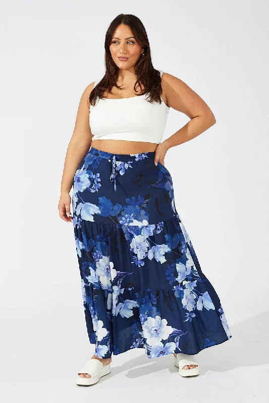 women’s trendy shorts for hot weather -Blue Floral Maxi Skirt Elastic Waist