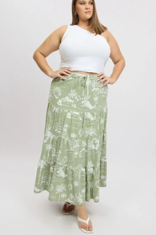 women’s maxi dresses for summer -Green Abstract Tiered Maxiskirt Tie Waist