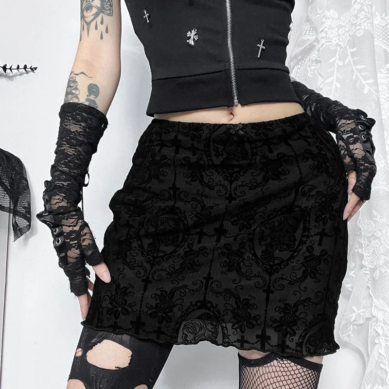 comfortable women’s sweatpants for lounging -Women's Gothic Contrast Color Lace Flocking Skirt