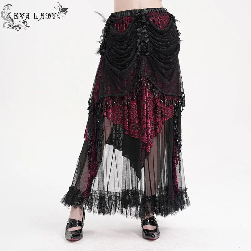 women’s skirts for office attire -Women's Gothic Tassels Mesh Long Skirt Black Purple