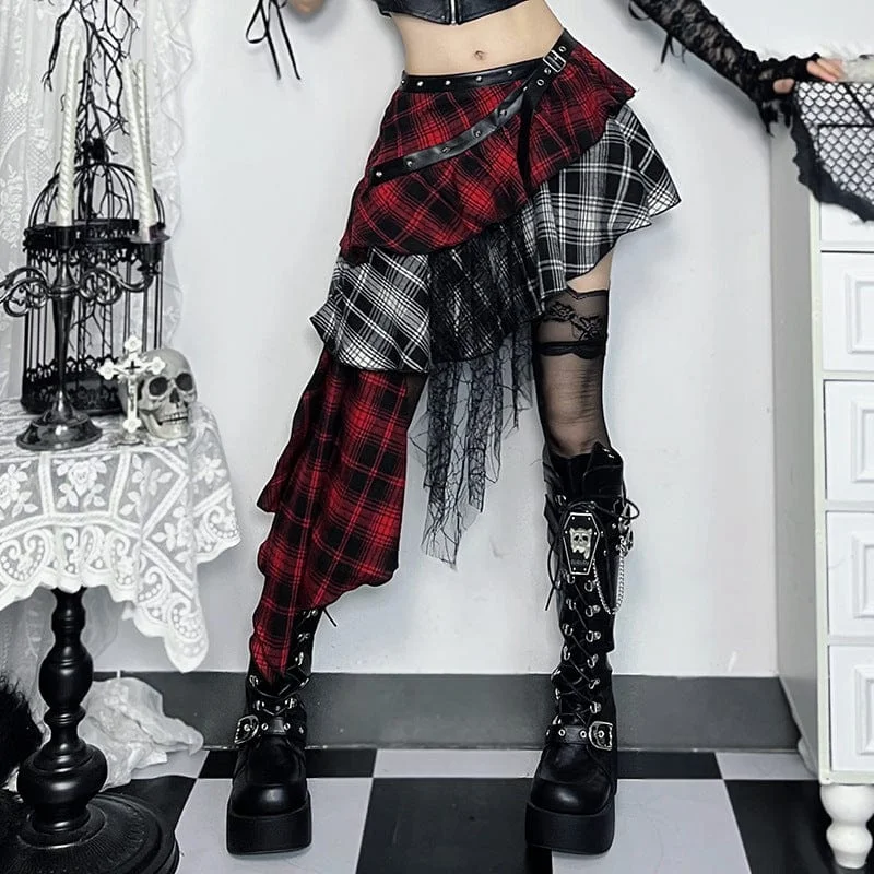 women’s elegant tops for date nights -Women's Grunge Plaid Irregular Hem Skirt Black Red