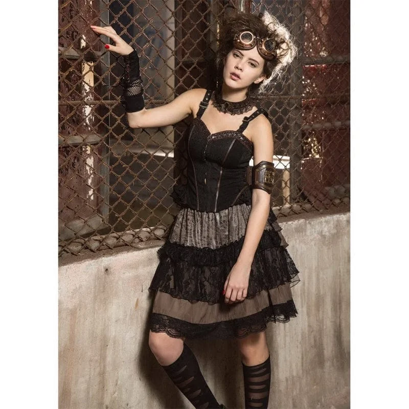 best women’s clothing for business travel -Women's Steampunk Lace Splice Layered Skirt